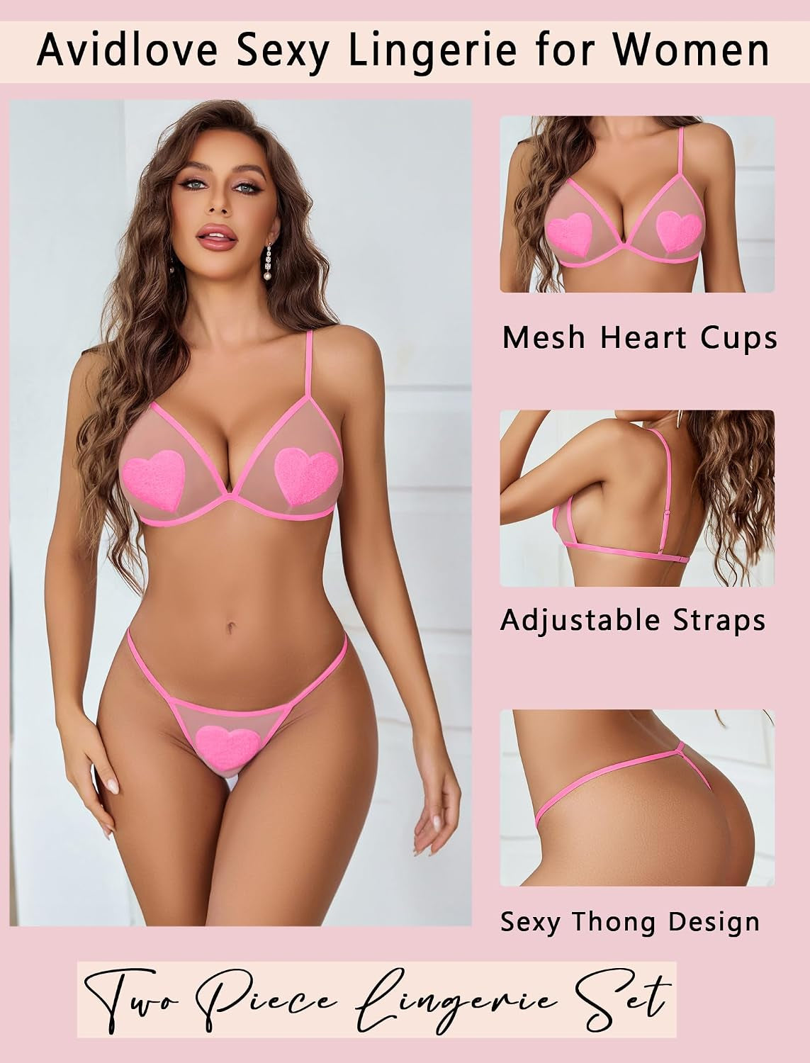 Avidlove Sexy Lingerie Set for Women 2 Piece Heart Mesh Sheer Bra and Thong Set Deep V Cute Lingerie S-XXL