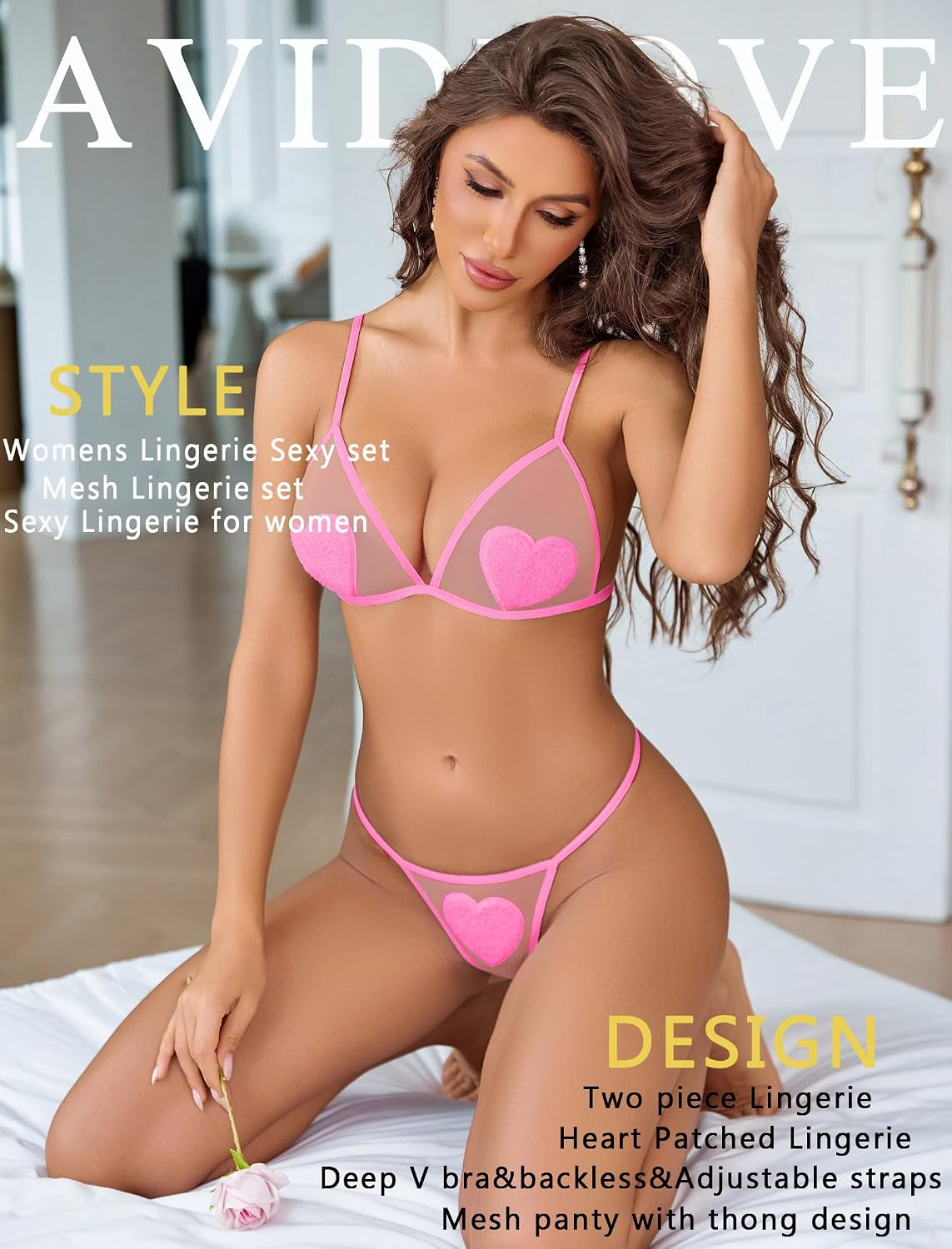 Avidlove Sexy Lingerie Set for Women 2 Piece Heart Mesh Sheer Bra and Thong Set Deep V Cute Lingerie S-XXL