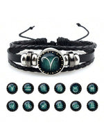 Zodiac Sign Synthetic Gemstone Bracelet, Beaded Rope & PU Leather 12 Constellations Braided Bracelet