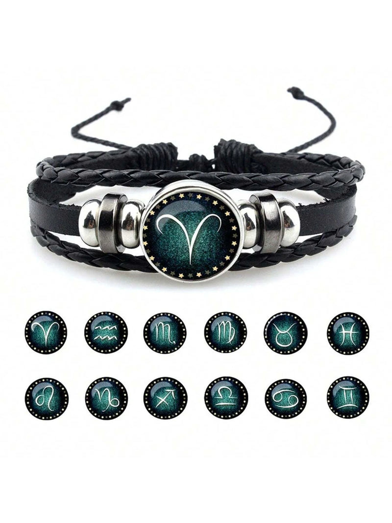 Zodiac Sign Synthetic Gemstone Bracelet, Beaded Rope & PU Leather 12 Constellations Braided Bracelet
