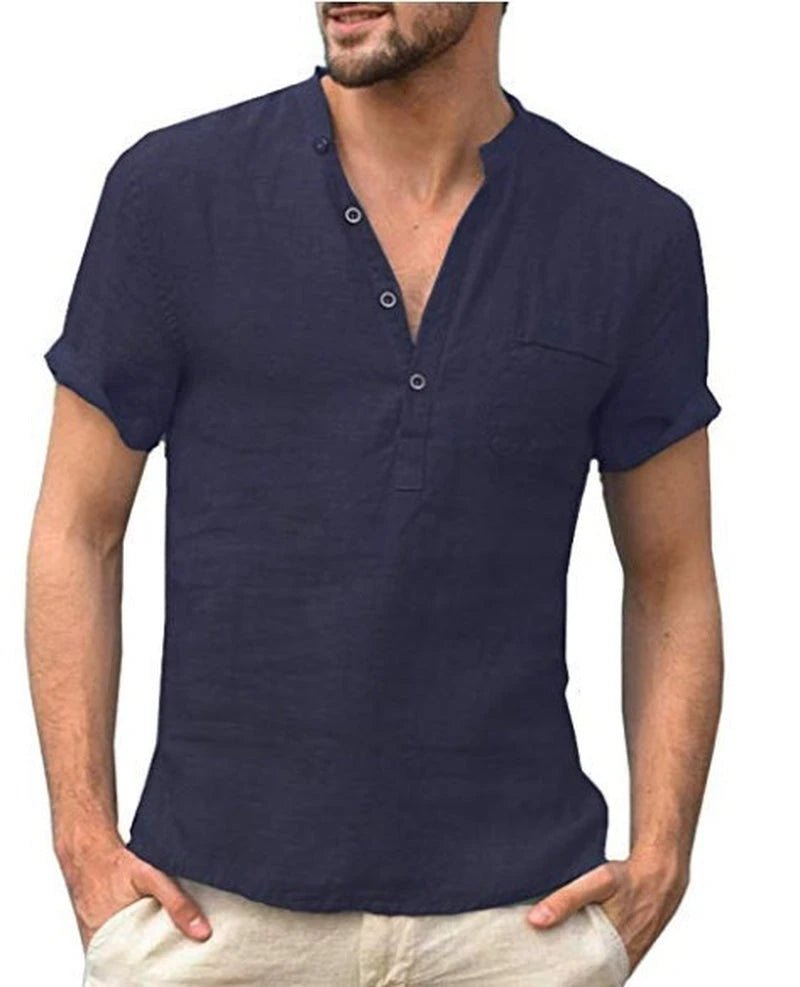 Casual Linen Solid Color Shirt Button
