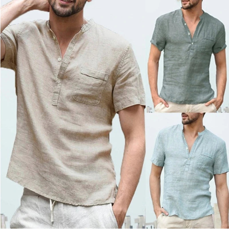 Casual Linen Solid Color Shirt Button
