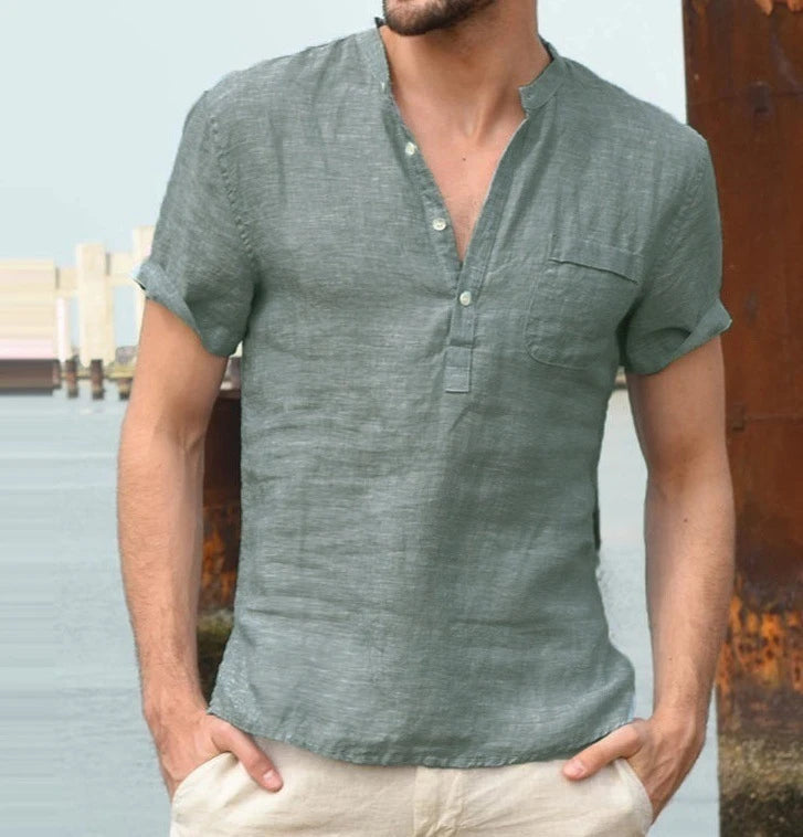 Casual Linen Solid Color Shirt Button
