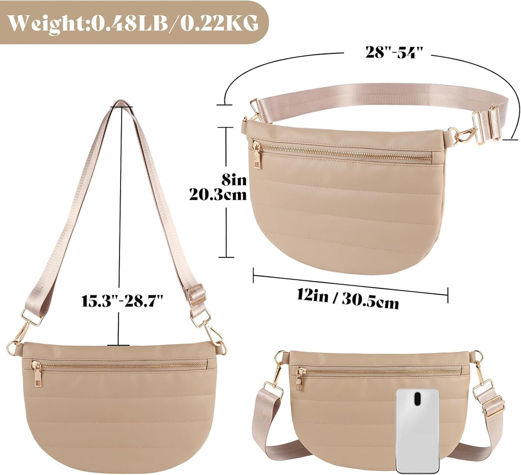 Quilted Puffer Leather Belt Bag for Women Puffer Crossbody Bags Puffy Sling Belt Bag Fanny Pack Bum Waist Chest Shoulder Bag for Women-Apricot