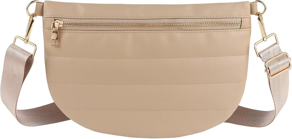 Quilted Puffer Leather Belt Bag for Women Puffer Crossbody Bags Puffy Sling Belt Bag Fanny Pack Bum Waist Chest Shoulder Bag for Women-Apricot