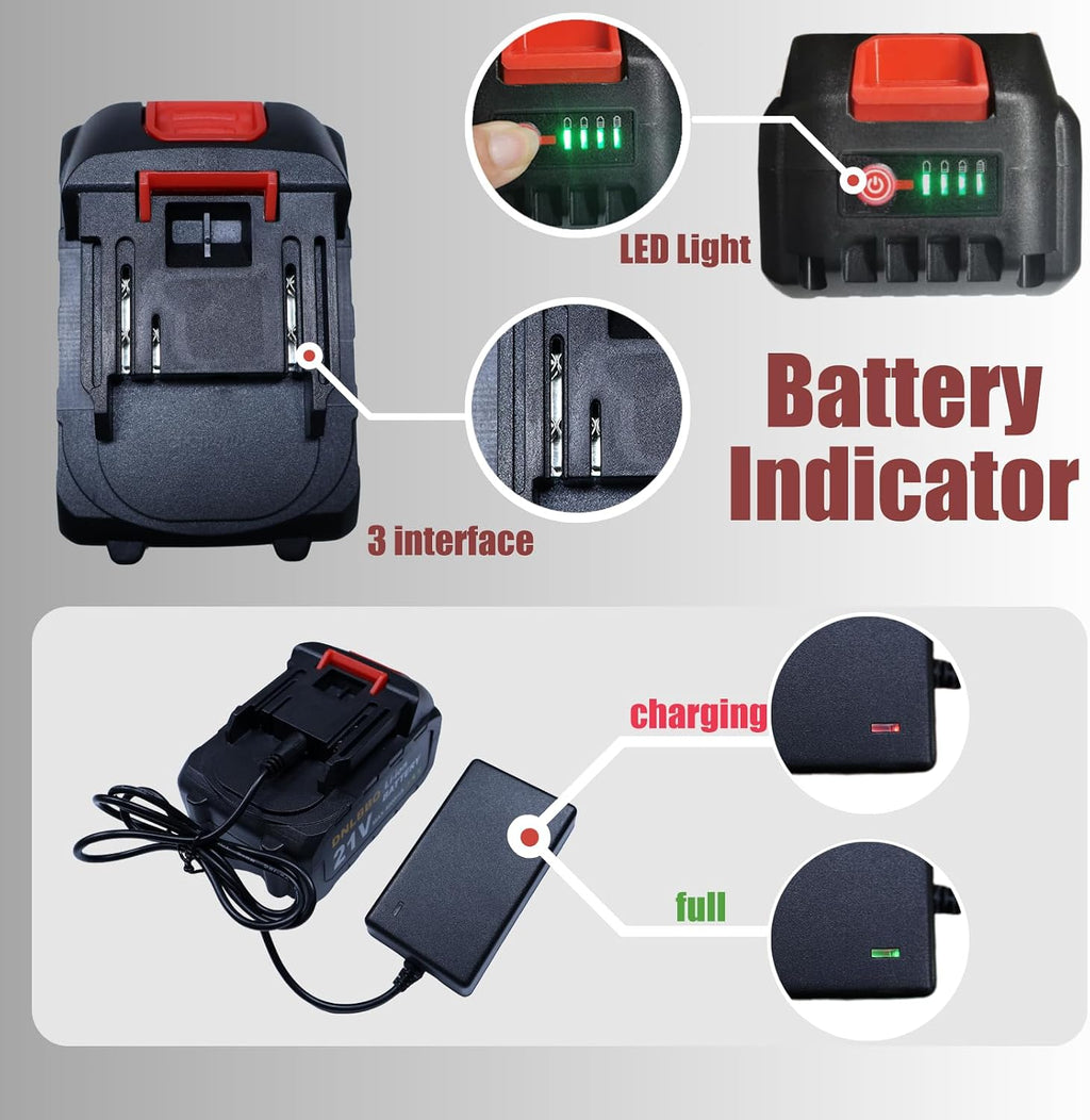 Mini Chainsaw Battery, 21V Lithium Battery - 4.0 Ah Battery with Electric Quantity Display, Include Charger Adapter, Suitable for Cordless Powe