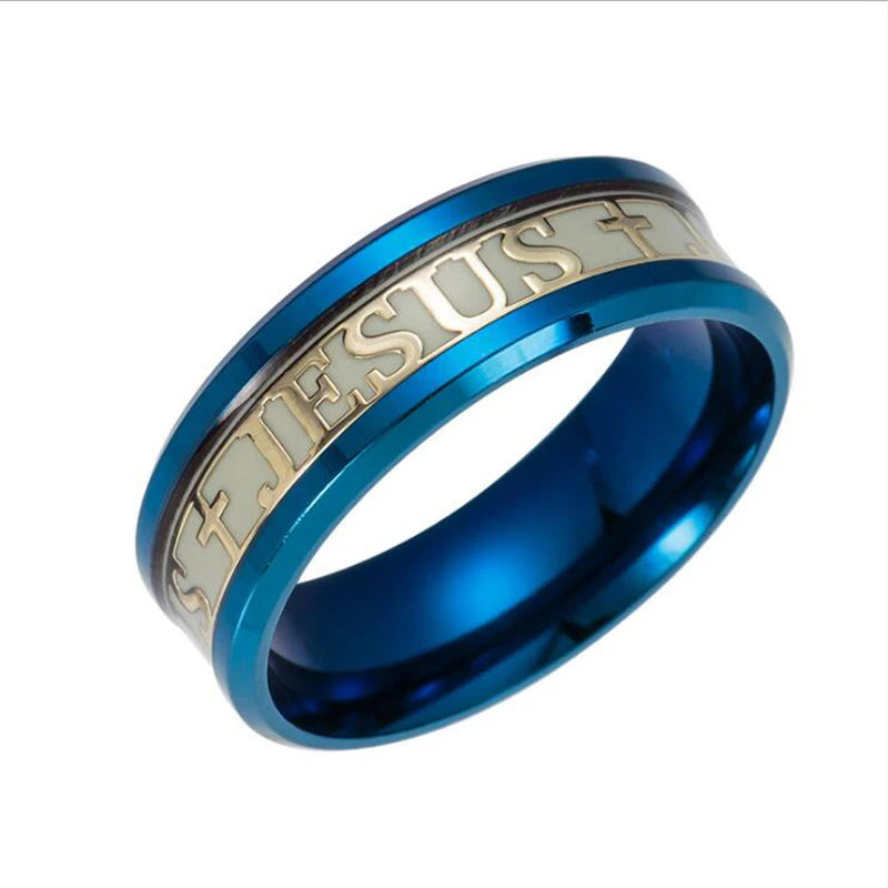 ERLUER Euramerican Rings for Men Women Jesus Cross Stainless Steel Luminou Glow in Dark Fluorescent Band Ring Wholesale Jewelry
