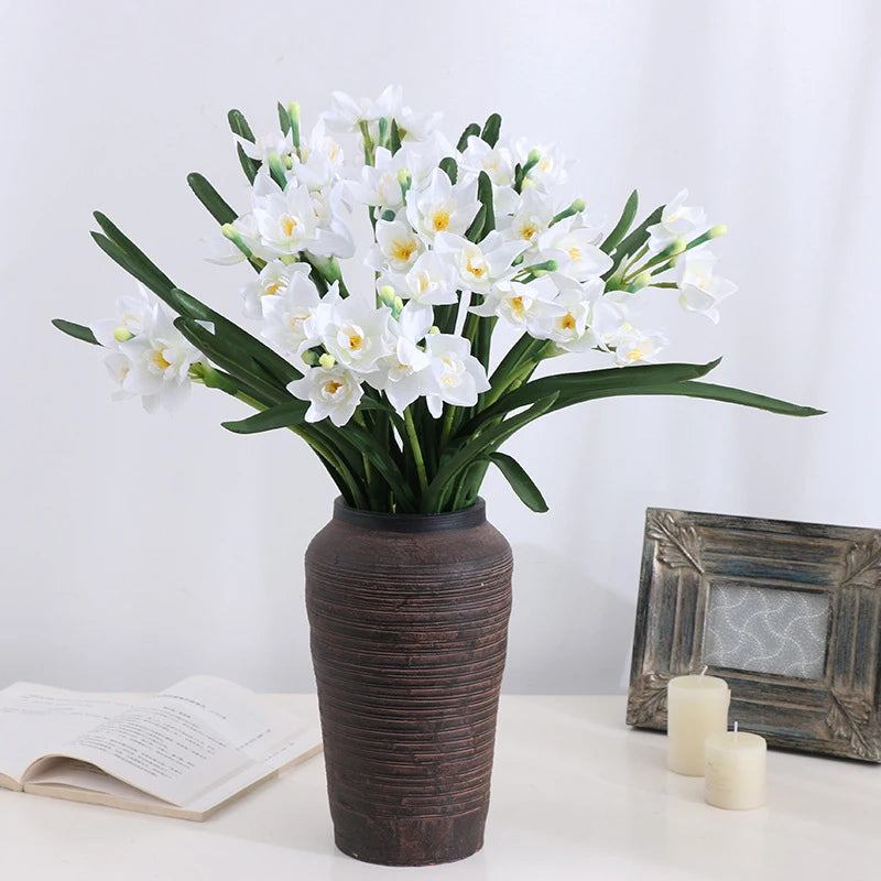 3/8 Heads Daffodil Flower Artificial Silk Narcissus Bouquet Wedding Floral Arrangements Accessories Home Table Decor Photo Prop