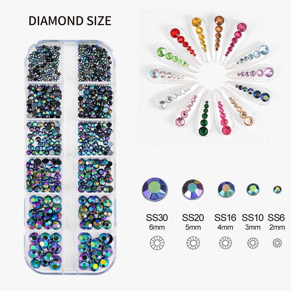 12Grids SS6-SS30 Mixed Nail Rhinestones Shiny Clear/Gold/Pink/Blue Diamond Flat-Back Nail Gems Glass Stones Nails Decoration