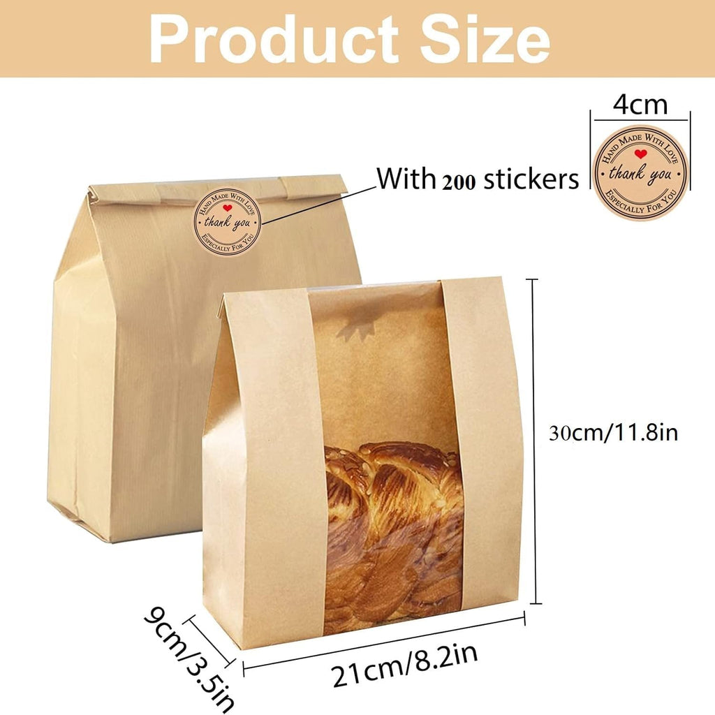 Large Paper Bread Bags for Homemade Sourdough Bread Packaging Bakery Bag for Gifting, Label Seal Sticker Included 200 Pack