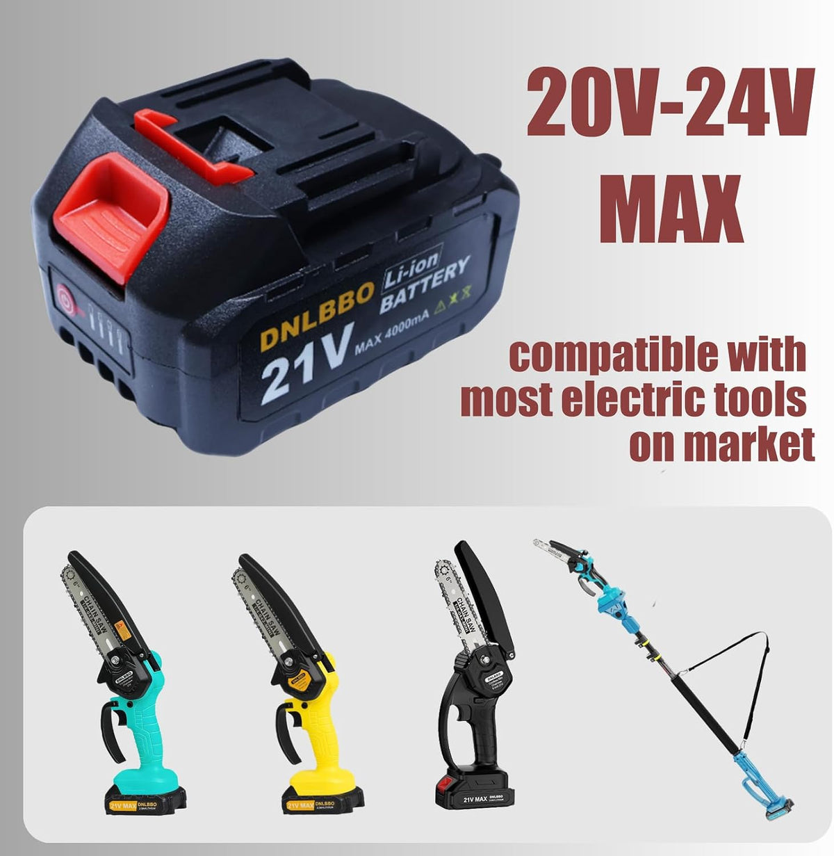 Mini Chainsaw Battery, 21V Lithium Battery - 4.0 Ah Battery with Electric Quantity Display, Include Charger Adapter, Suitable for Cordless Powe