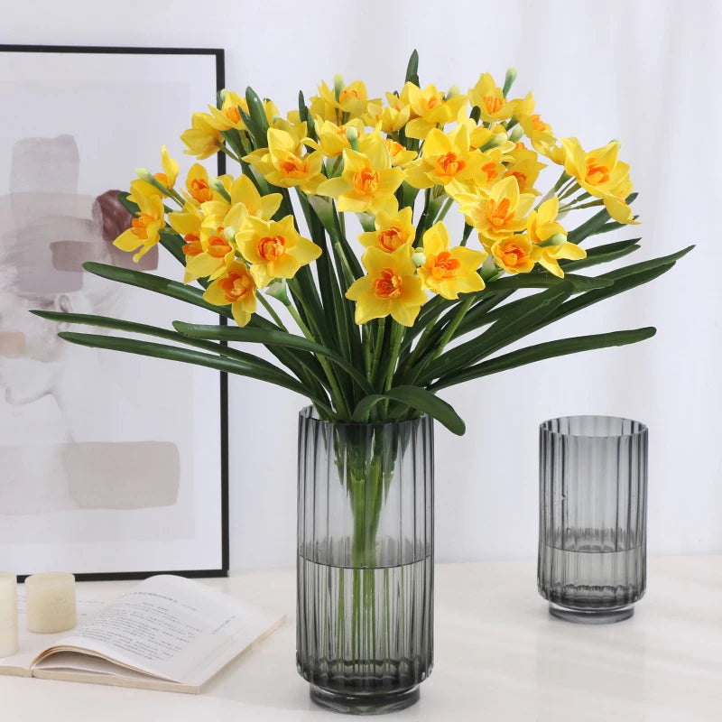 3/8 Heads Daffodil Flower Artificial Silk Narcissus Bouquet Wedding Floral Arrangements Accessories Home Table Decor Photo Prop