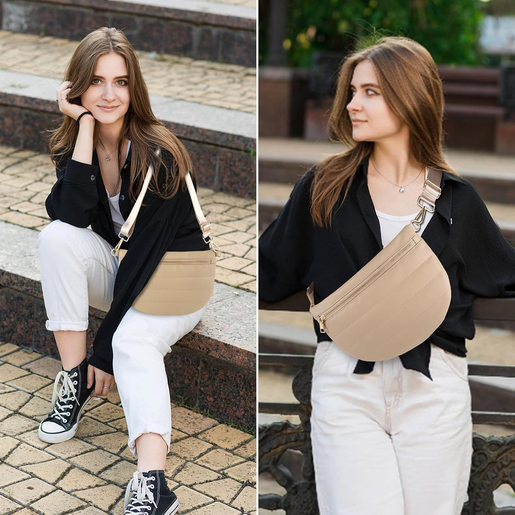 Quilted Puffer Leather Belt Bag for Women Puffer Crossbody Bags Puffy Sling Belt Bag Fanny Pack Bum Waist Chest Shoulder Bag for Women-Apricot