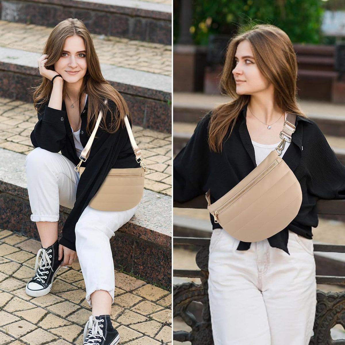 Quilted Puffer Leather Belt Bag for Women Puffer Crossbody Bags Puffy Sling Belt Bag Fanny Pack Bum Waist Chest Shoulder Bag for Women-Apricot