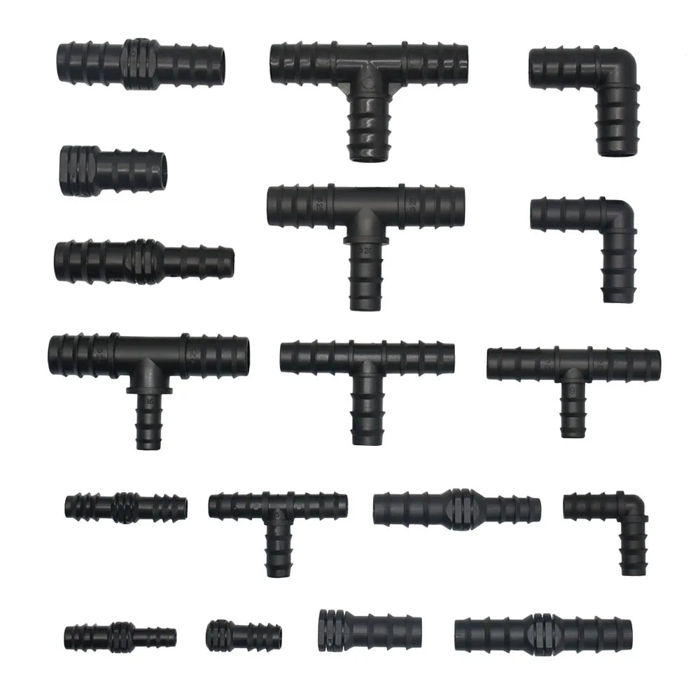 Plastic Hose Barb Connectors 16/20/25Mm Pe Tube Tee Elbow Cross End Plug Reducing Coupler Drip Irrigation Fitting 1/2 3/4 1"