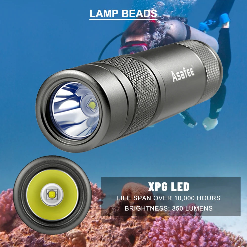 Asafee AF11 XPG LED Small Diving Flashlight Waterproof IPX8 Diving Dive Lamp Scuba Backup Diver Torch Light