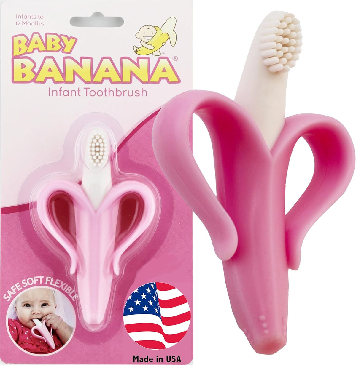 Baby Banana®Pink Teether-Toothbrush, Infant to Toddler, Made in USA, Butter-Soft Bristles for Gums and Teeth, Bendable Food Grade Silicone, Family-Owned Buisness since 2009, 11 Million+ Sold