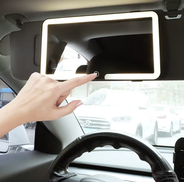 Portable USB Rechargeable LED Makeup Mirror Fashion Car Visor with Magnify and Three Color Lights Touch Switch Sun-Shading