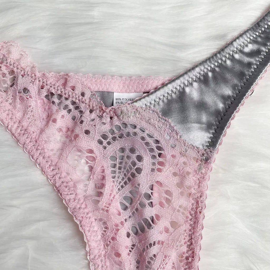 Chuangerm Spot 2025 Hot Sale Lace Lingerie Set Women Satin Color Hallow Out 2-Piece Sheer Bra Panty Underwear Set Sexy Lingerie