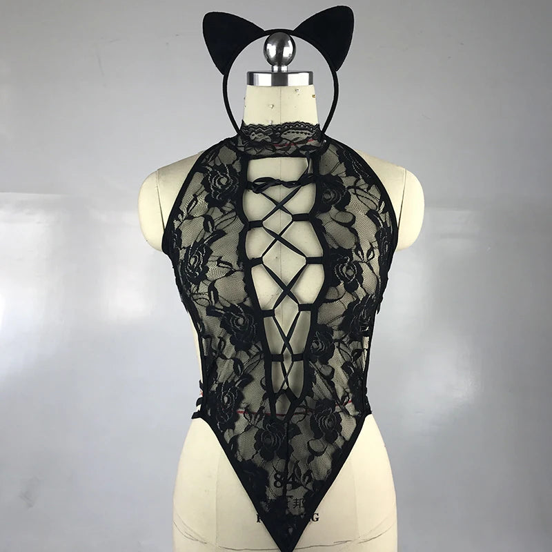 Black Lace Cat-Ear Lingerie Set