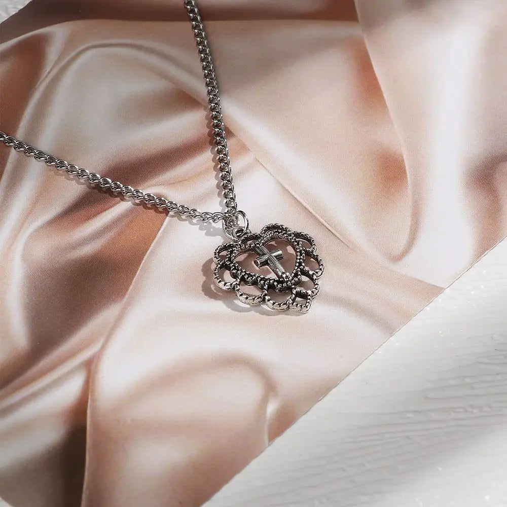 Gifts Religion Women Cross Necklace Clavicle Chain Jewellery Hollow Heart Pendant