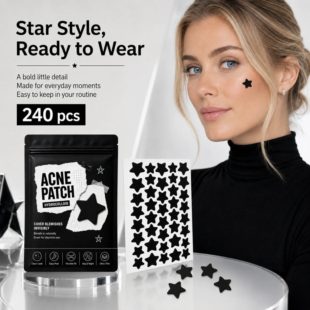 240pcs Black Star-Shaped Hydrocolloid Pimple Patches, Clear-Look, Easy Peel, Flexible Fit for Everyday Styling & Day/Night Wear