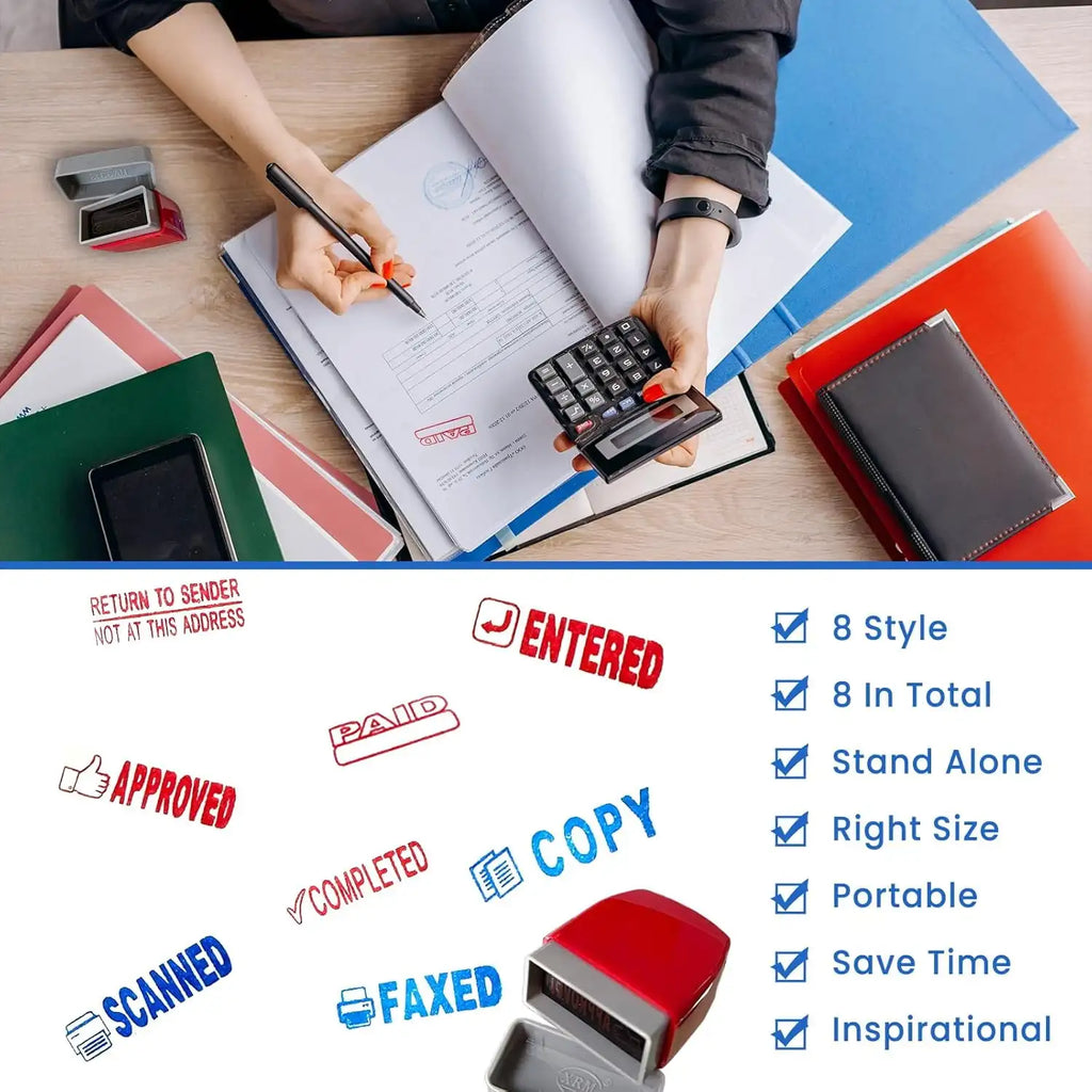 Office Stamp Set, includes 8 stamps for Approve, Paid, Completed, Copy, Fax, Scanned, Business Stamps, Information & Accounting