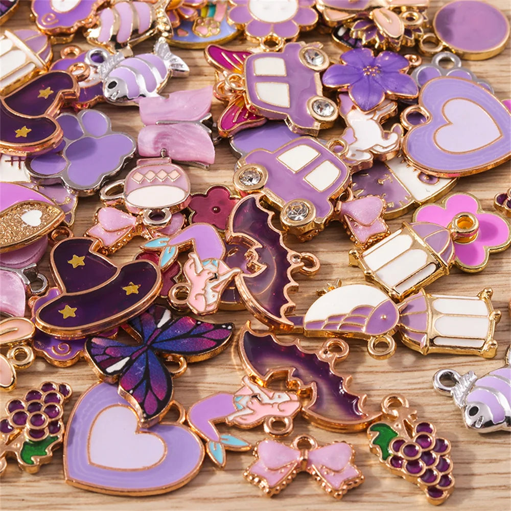 Tusember Mix 30pcs Enamel Charms Purple Series Animal Heart Flower Pendants For Handmade Jewelry Making Accessories DIY Craft