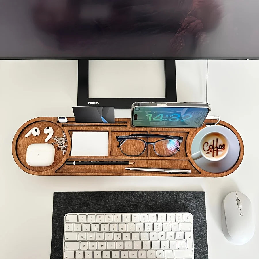 Wooden Desk Organizer With Elevated Stand, Multi-Compartment Cup Holder Pen Slot, For Office Stationery Home Desktop Decor