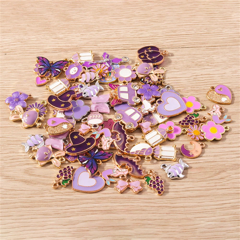 Tusember Mix 30pcs Enamel Charms Purple Series Animal Heart Flower Pendants For Handmade Jewelry Making Accessories DIY Craft