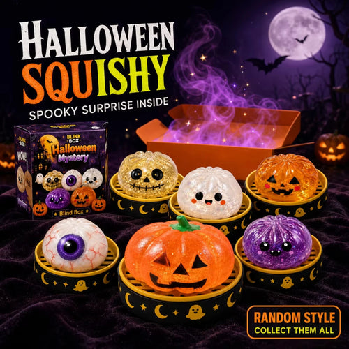 12 Styles Halloween Mystery Blink Box Squishy Toy Glitter Pumpkin Eyeball Skull Bun Squeeze Fidget Toy Soft Stretchy ASMR