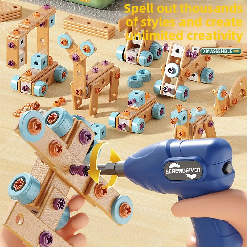 Kids Tool Set DIY Nut Assembly Toy Kit STEM Building Tools Montessori Toys Gifts for Boy Girl Electric Drill Tool Box Optional
