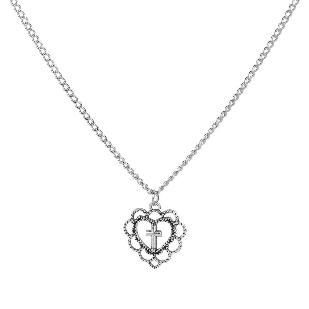 Gifts Religion Women Cross Necklace Clavicle Chain Jewellery Hollow Heart Pendant