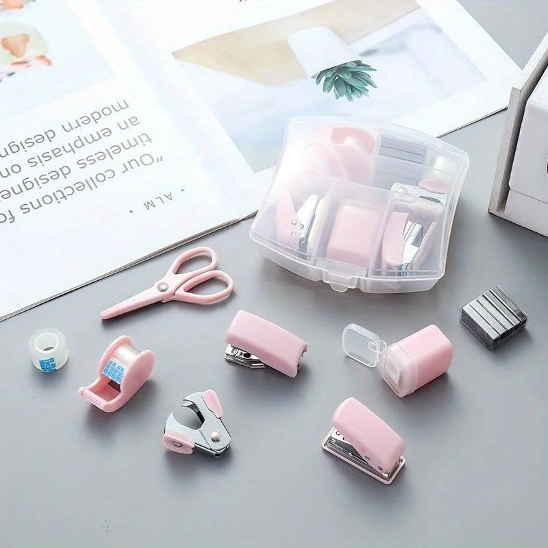 8PCS portable office school mini stationery gift box, including puncher, stapler, small tape, pencil case, scissors, 500 staples