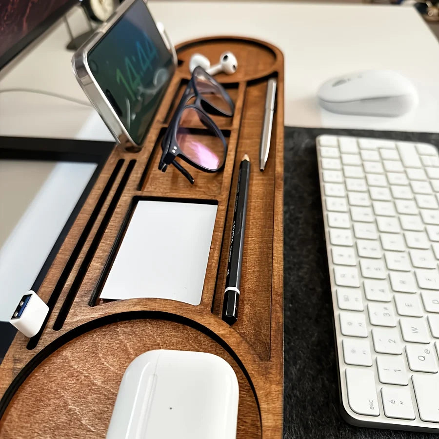 Wooden Desk Organizer With Elevated Stand, Multi-Compartment Cup Holder Pen Slot, For Office Stationery Home Desktop Decor