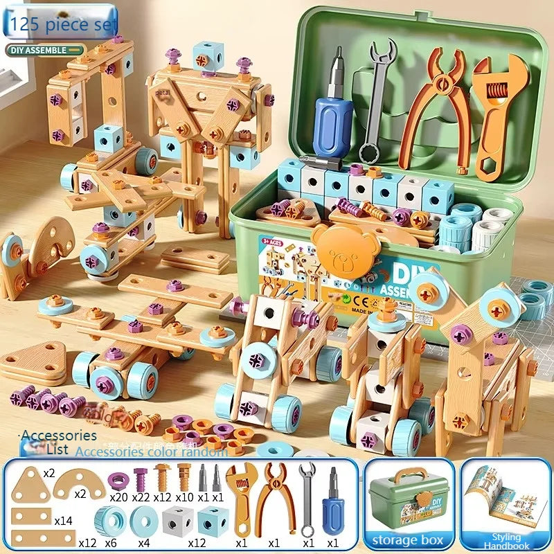 Kids Tool Set DIY Nut Assembly Toy Kit STEM Building Tools Montessori Toys Gifts for Boy Girl Electric Drill Tool Box Optional