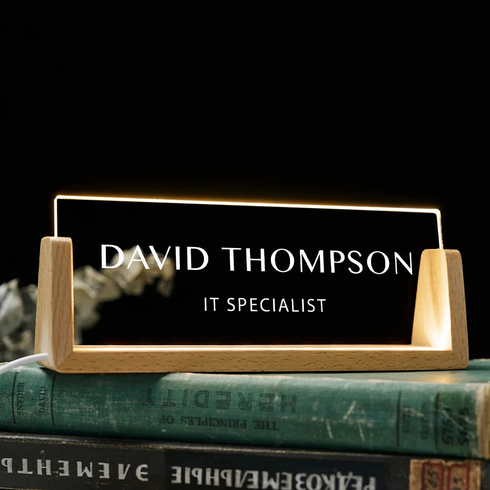 Customize a personalized desk plaque with a wooden base, acrylic plaque, desk accessories, as an office gift for your boss or co