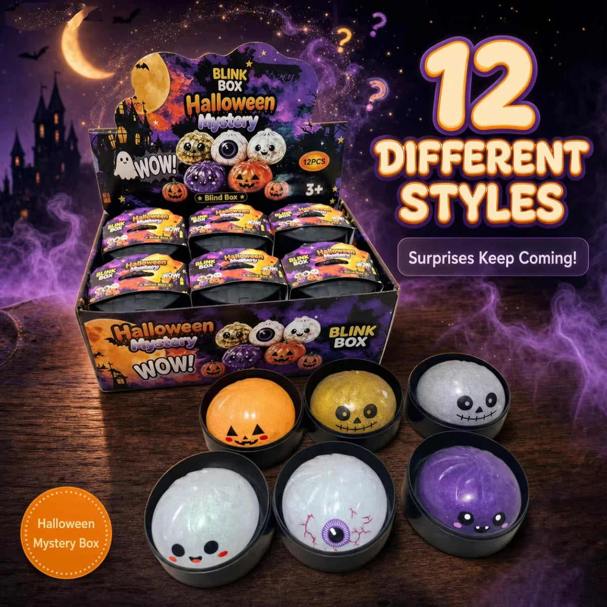 12 Styles Halloween Mystery Blink Box Squishy Toy Glitter Pumpkin Eyeball Skull Bun Squeeze Fidget Toy Soft Stretchy ASMR