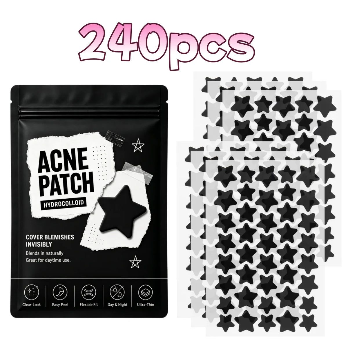240pcs Black Star-Shaped Hydrocolloid Pimple Patches, Clear-Look, Easy Peel, Flexible Fit for Everyday Styling & Day/Night Wear