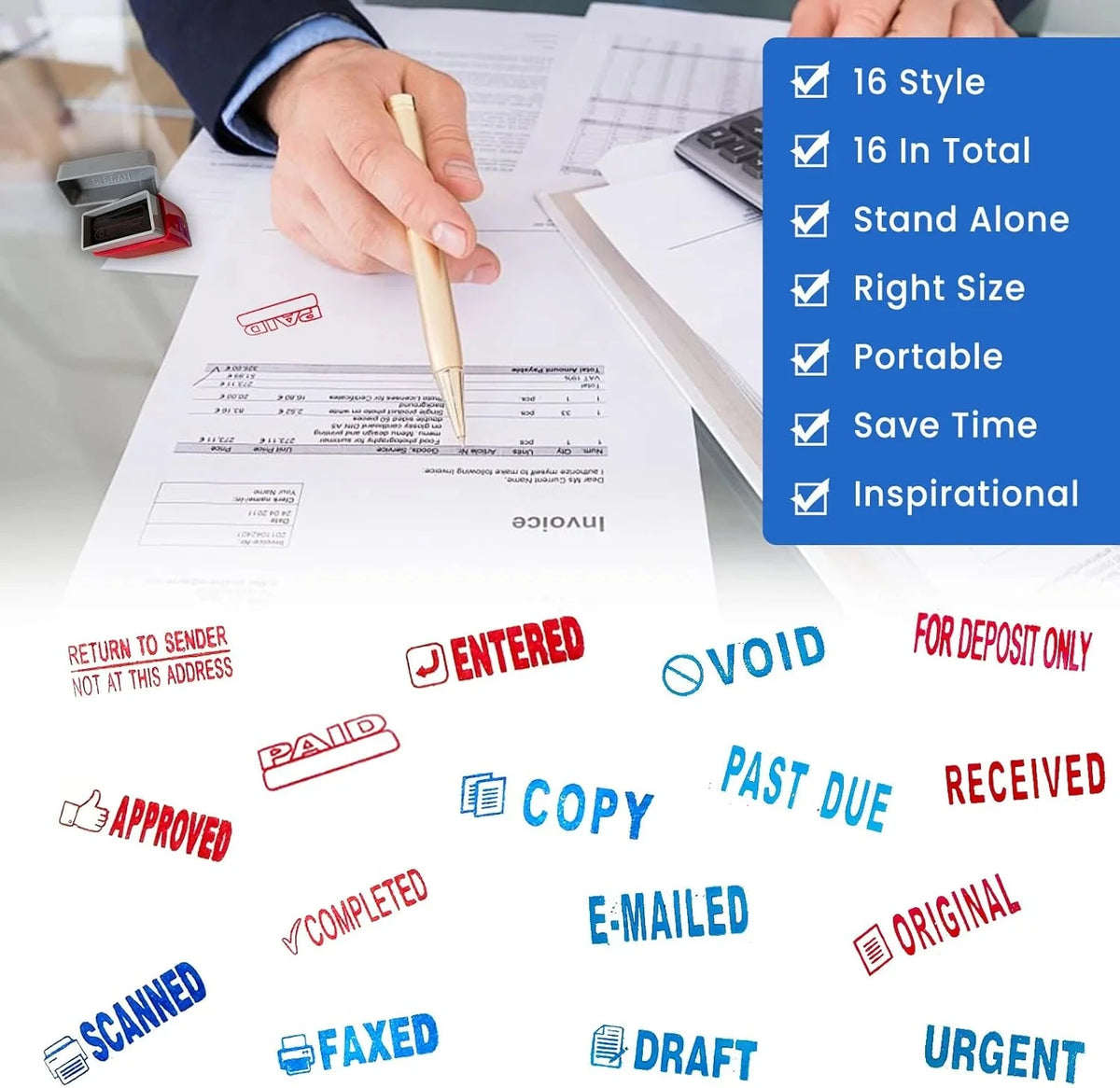 Office Stamp Set, includes 8 stamps for Approve, Paid, Completed, Copy, Fax, Scanned, Business Stamps, Information & Accounting