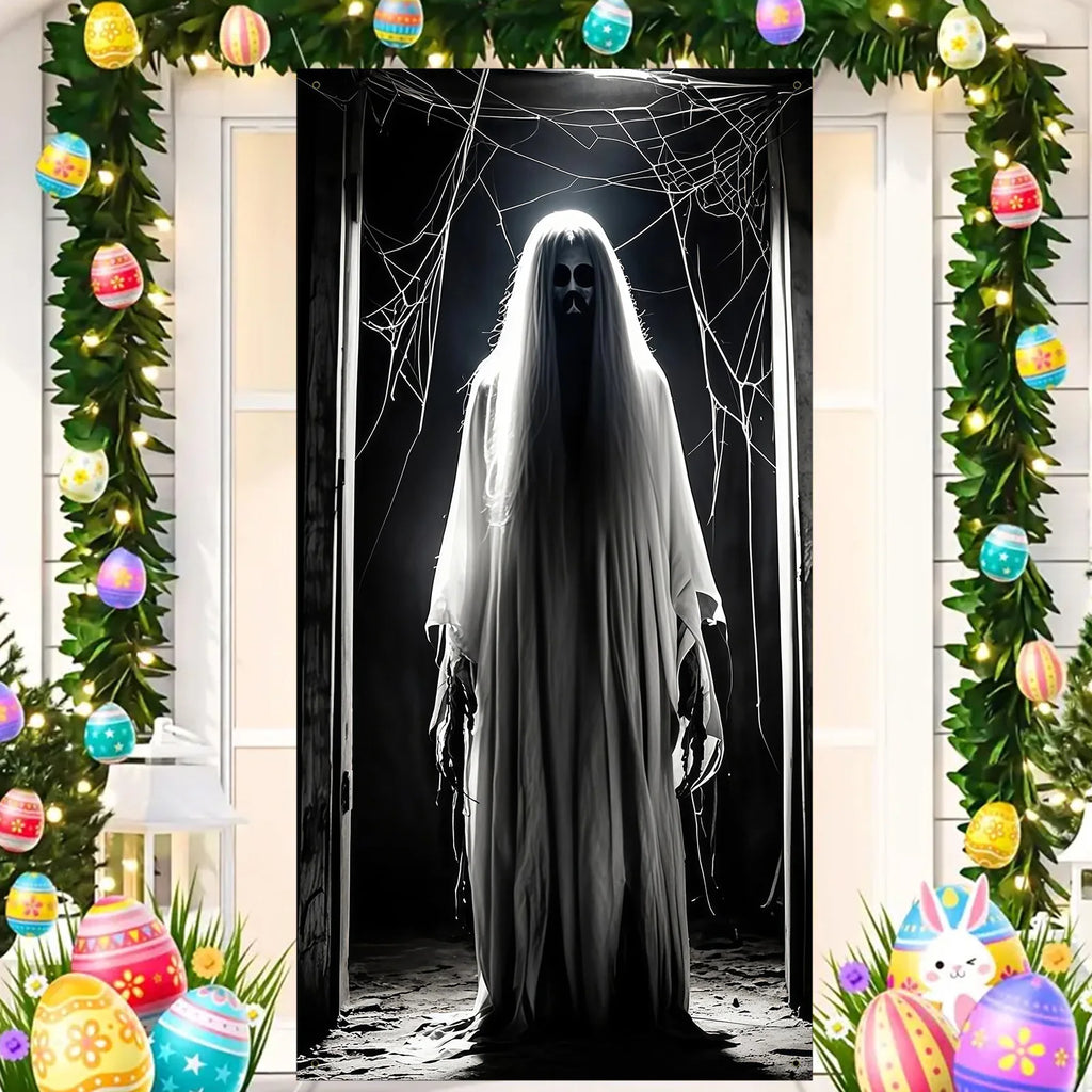 1 piece 2D Halloween door banner - featuring terrifying 2D hanging decoration with ghost silhouetteszyc
