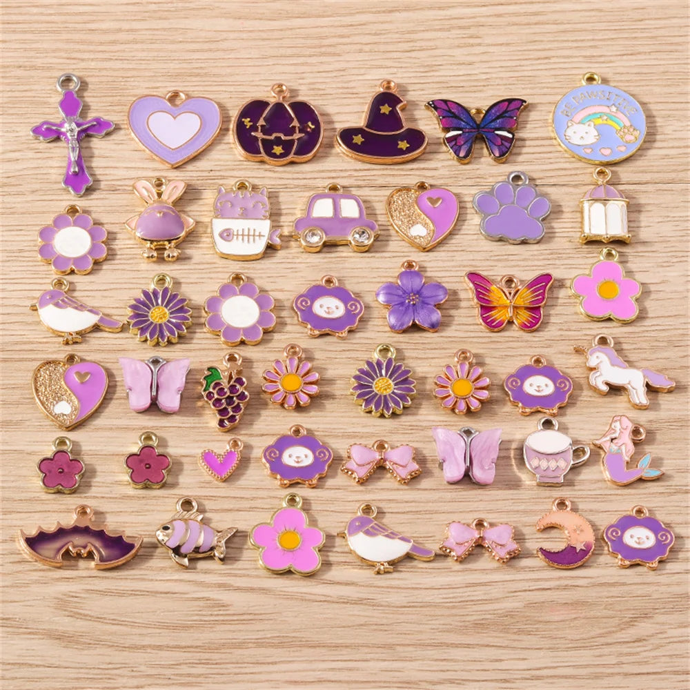Tusember Mix 30pcs Enamel Charms Purple Series Animal Heart Flower Pendants For Handmade Jewelry Making Accessories DIY Craft