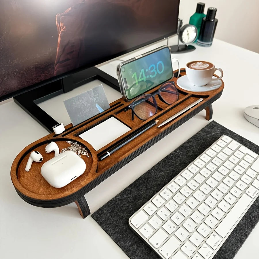Wooden Desk Organizer With Elevated Stand, Multi-Compartment Cup Holder Pen Slot, For Office Stationery Home Desktop Decor