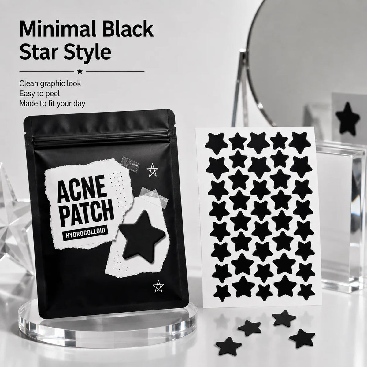 240pcs Black Star-Shaped Hydrocolloid Pimple Patches, Clear-Look, Easy Peel, Flexible Fit for Everyday Styling & Day/Night Wear
