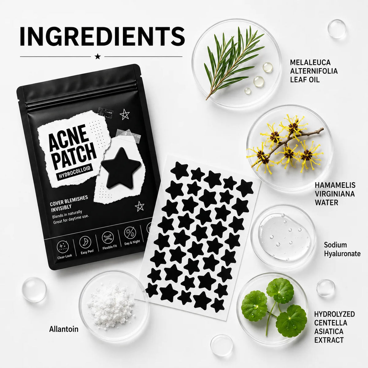 240pcs Black Star-Shaped Hydrocolloid Pimple Patches, Clear-Look, Easy Peel, Flexible Fit for Everyday Styling & Day/Night Wear