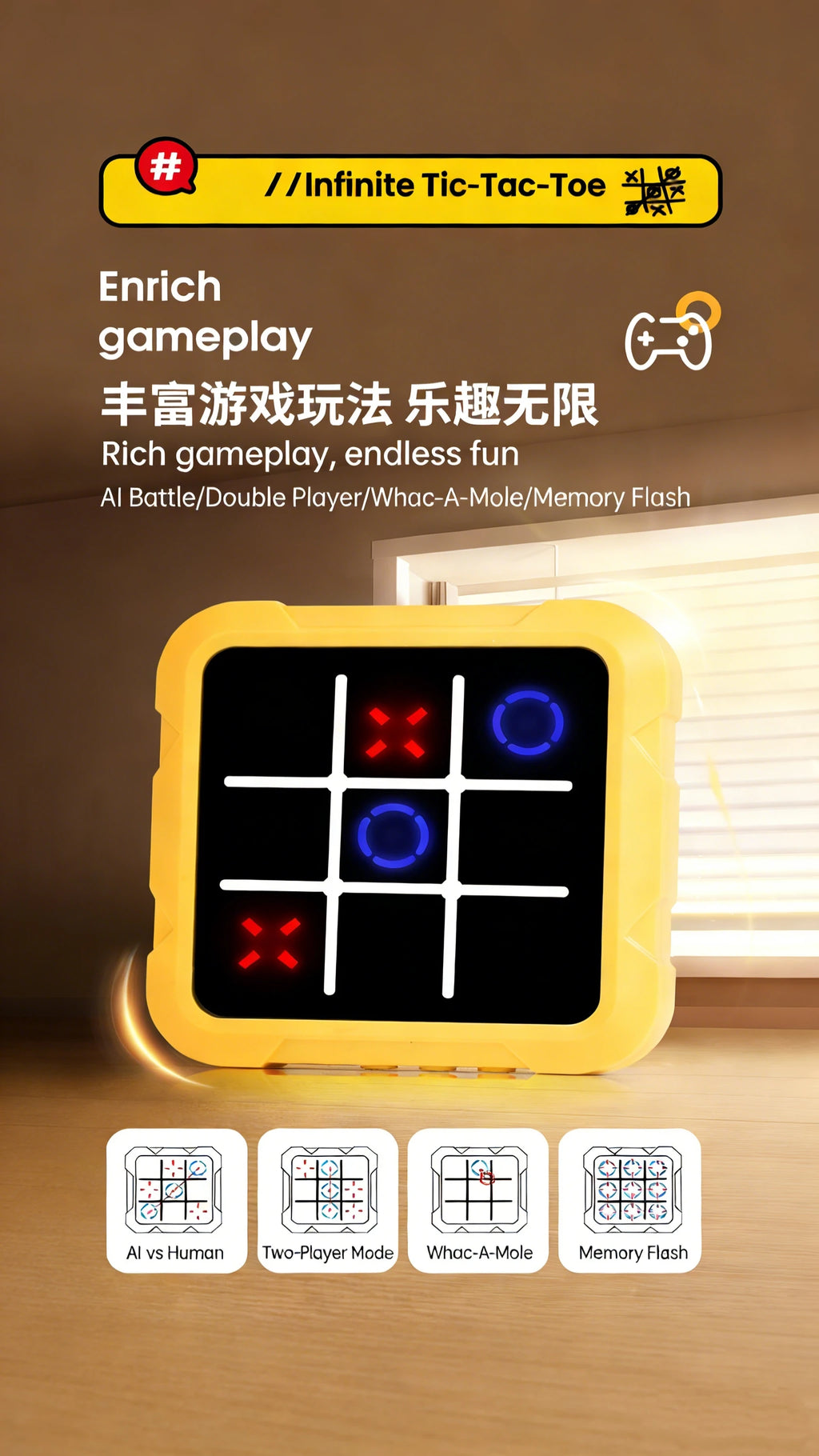 Electronic Chessboard Tic Tac Toe Multifunctional Children's Education Strategy Toy Parent-Child Fun Interactive Brain Game