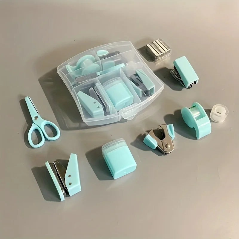 8PCS portable office school mini stationery gift box, including puncher, stapler, small tape, pencil case, scissors, 500 staples
