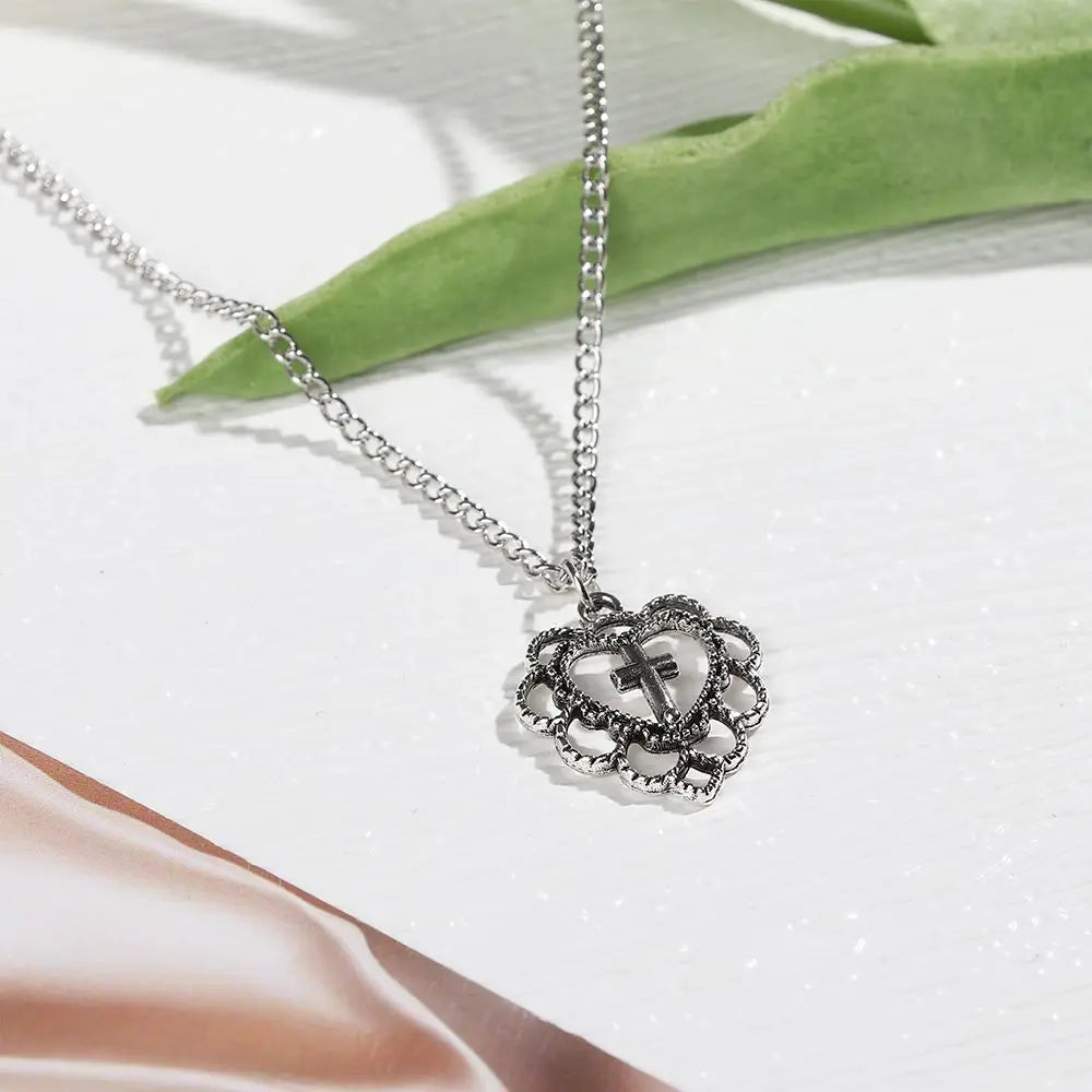 Gifts Religion Women Cross Necklace Clavicle Chain Jewellery Hollow Heart Pendant