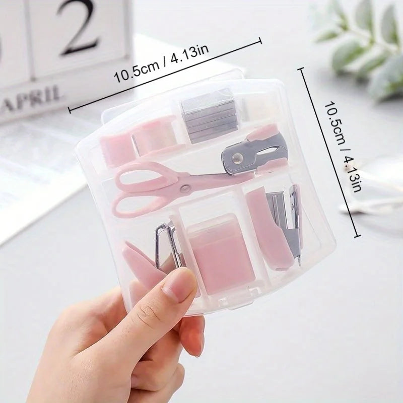 8PCS portable office school mini stationery gift box, including puncher, stapler, small tape, pencil case, scissors, 500 staples