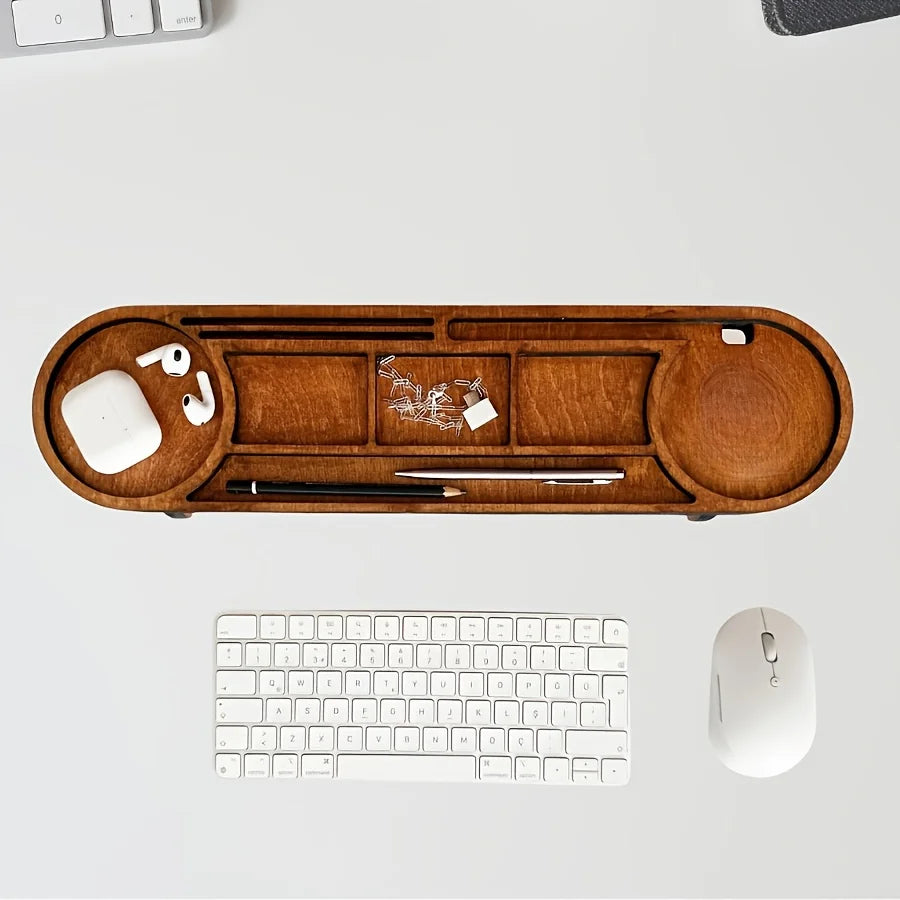 Wooden Desk Organizer With Elevated Stand, Multi-Compartment Cup Holder Pen Slot, For Office Stationery Home Desktop Decor